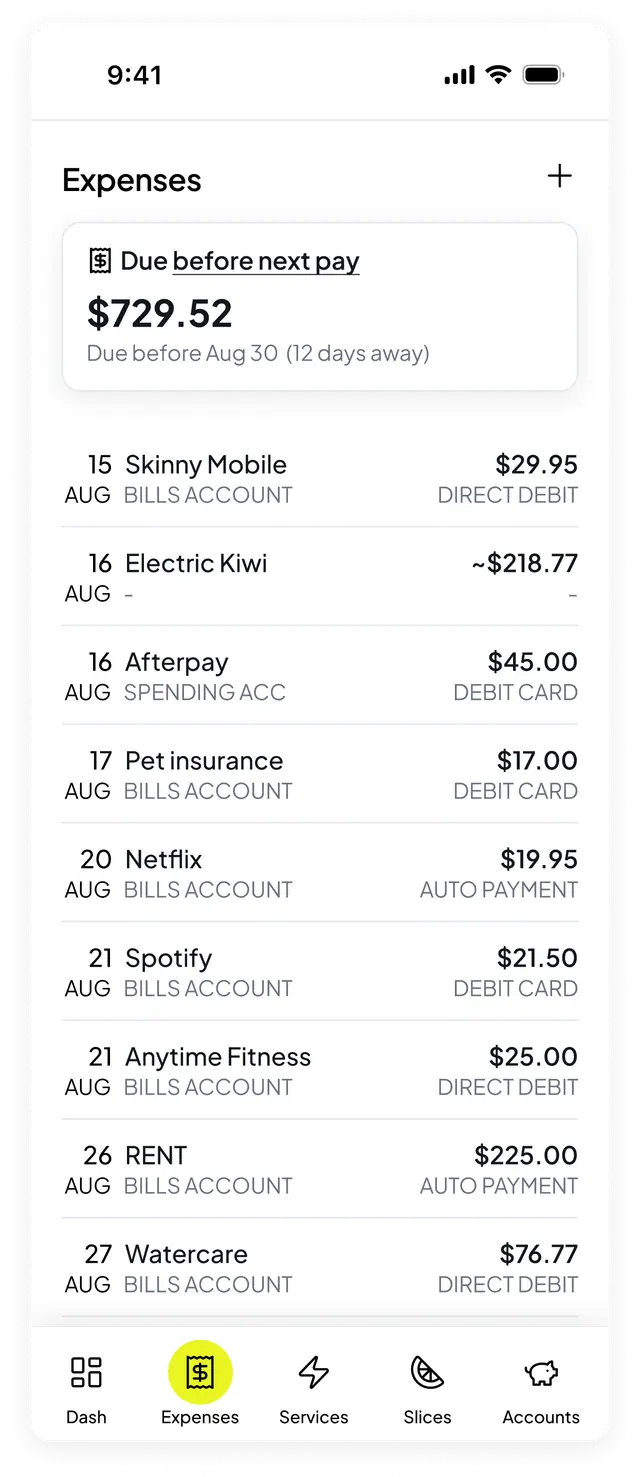 Smoothy expenses list showing upcoming bills and subscriptions